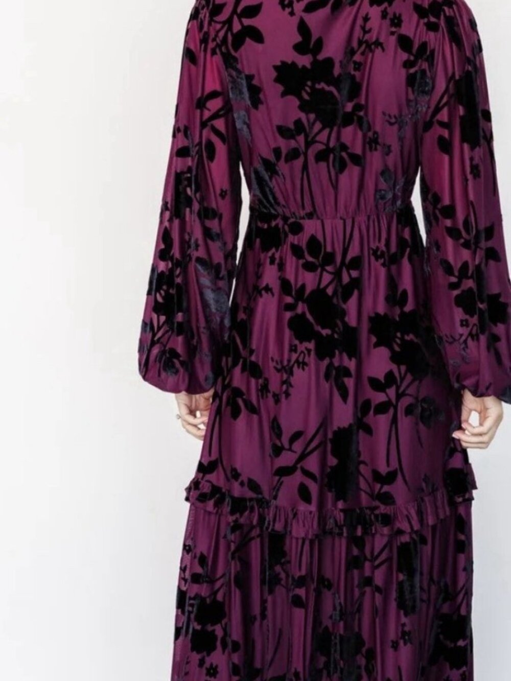Baltic Born Liana Velvet Burnout Embossed Goth Maxi Dress Plum Black Ruffle Tier - Picture 6 of 7